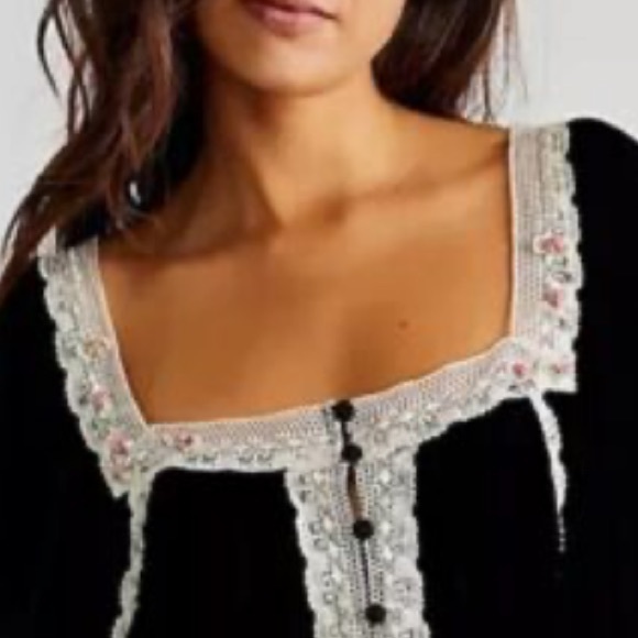New Free People Black Velvet Twyla Lace-Trim XS Pink Roses Peasant Relaxed Top - Picture 7 of 9